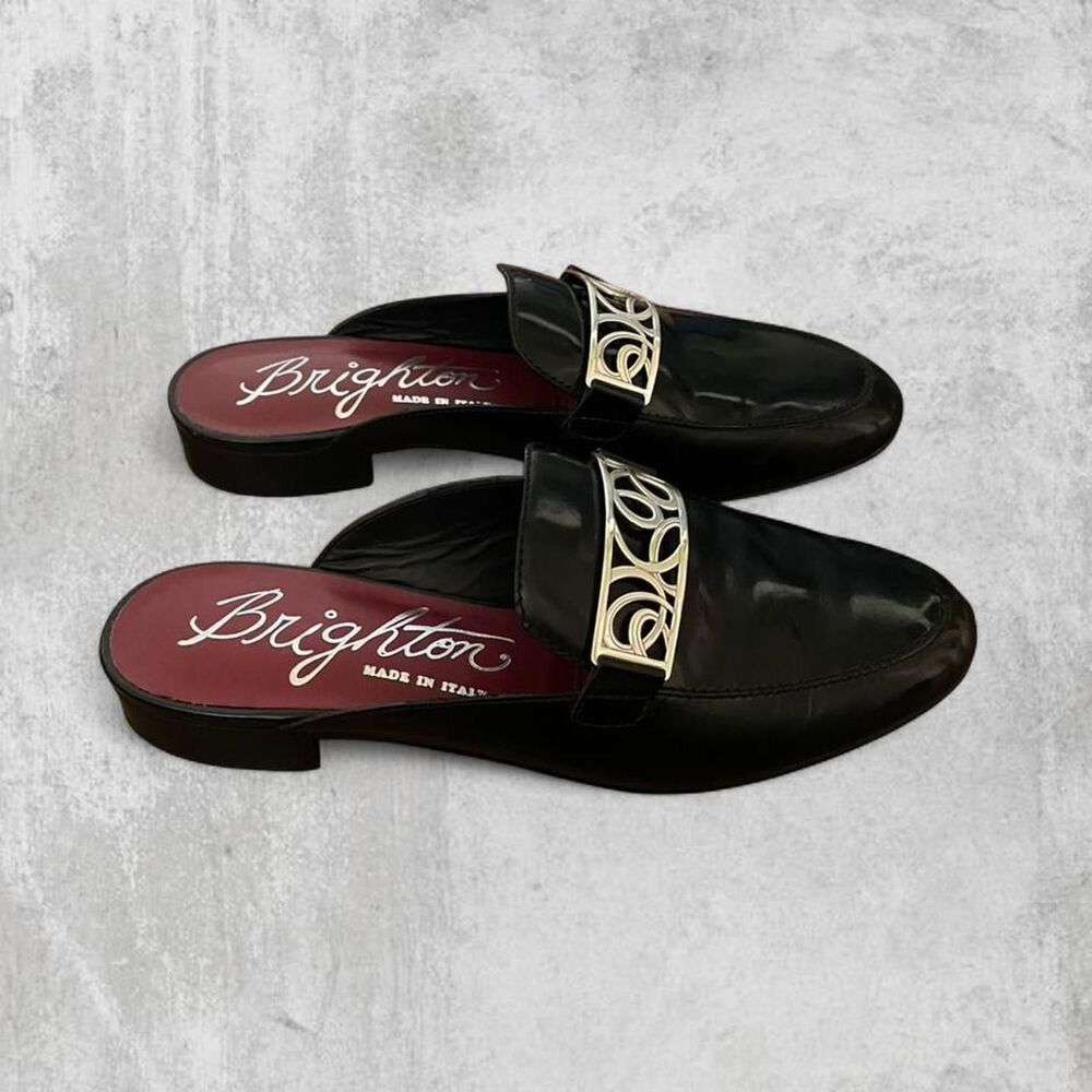 Brighton “Romeo” Black Italian Leather Slides Silver Filigree Buckle Size 7